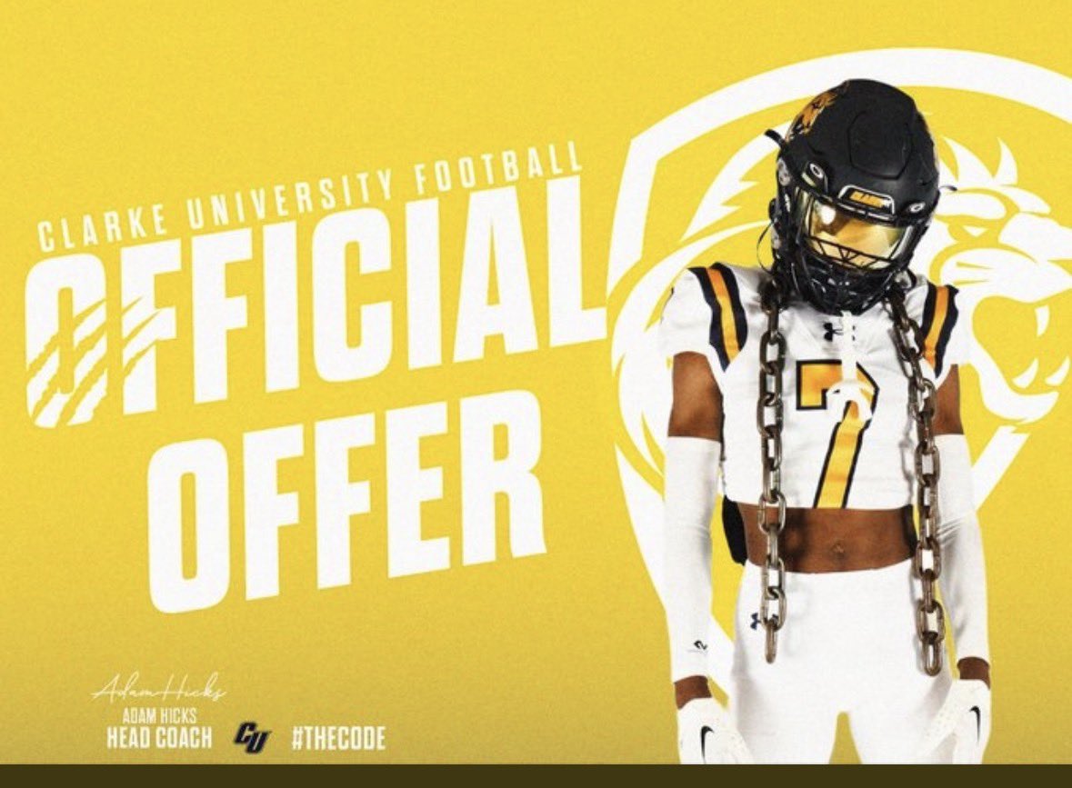 Excited to announce that I’ve received my 2nd offer to play college football at Clarke University! Thank you <a href="/BrandonMueller_/">Coach Mueller</a> for the opportunity!
