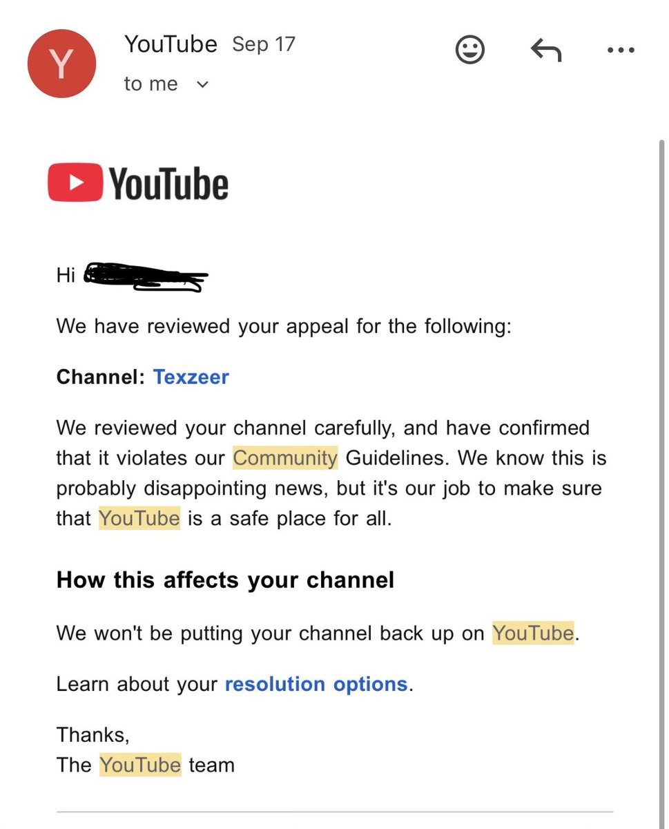 luzurzy's tweet photo. Yt terminated my channel for no reason and then send me a email saying they carefully looked at my account after 2 seconds of me sending them a appeal 😭 https://t.co/PQrqXiCOQD
