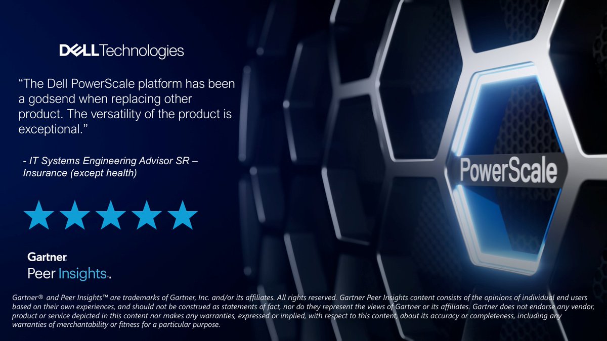 jackiLhester's tweet image. Another 5-star review on Gartner Peer Insights™ underscores the outstanding versatility and proven reliability of Dell #PowerScale.

Ready to elevate your storage game?

Explore more today: del.ly/60167uBl4
 #iwork4dell