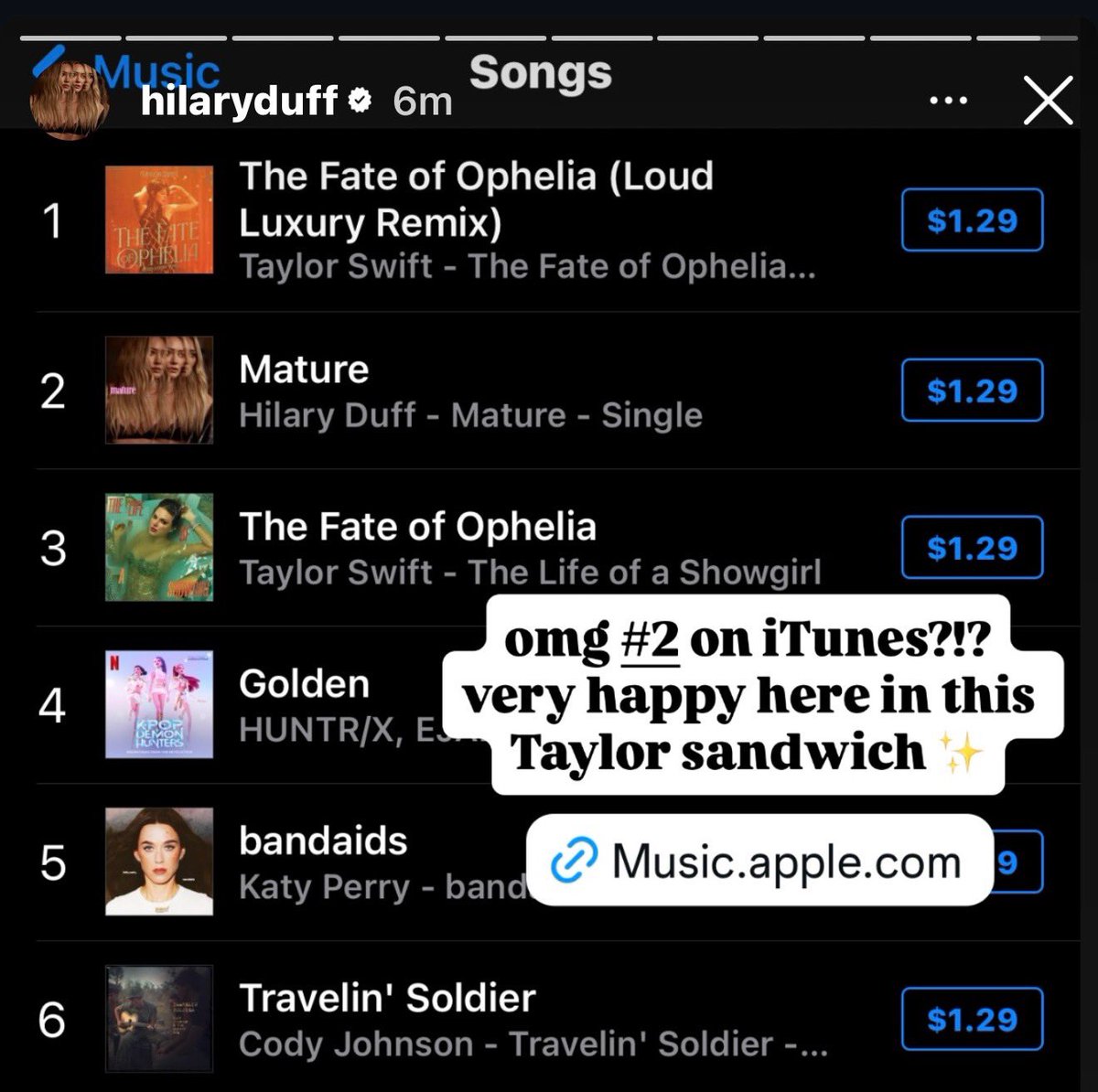 PopCrave's tweet image. Hilary Duff celebrates her new single “Mature” reaching #2 on U.S. iTunes.

“Very happy here in this Taylor sandwich.”