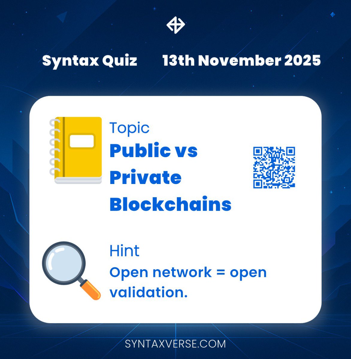 DAILY QUIZ ANSWER
    
📆 Date: 13th November 2025
📚 Topic: Public vs Private Blockchains 

🗝 Hint: Open network = open validation.

Got the answer❓💭
Don’t keep it to yourself, drop it in the comments and help someone out! 

Let’s turn learning into a team sport. 🤝