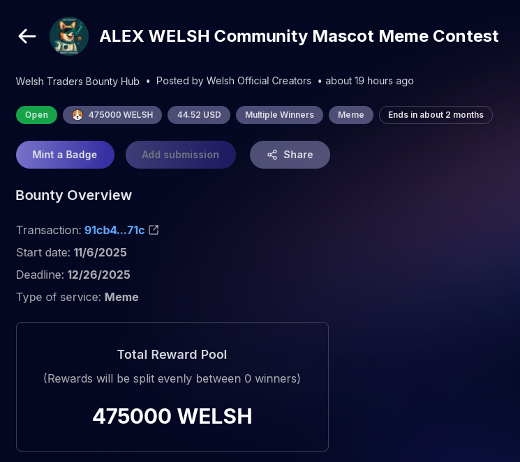 🟧 New ALEX x $WELSH Bounty Live! 

🏆 475,000 $WELSH up for grabs across 5 winners!
📅 Live through Dec 26

Post your best ALEX × WELSH memes &amp; animations, just remember to:
✅ Include ALEX + Welsh logos
✅ Tag <a href="/ALEXLabBTC/">ALEX 🟧 No. 1 Bitcoin DeFi</a>, <a href="/Welsh_Community/">Welsh Corgi Coin</a> &amp; <a href="/zeroauthdao/">Zero Authority DAO 🏹</a>
✅ Include