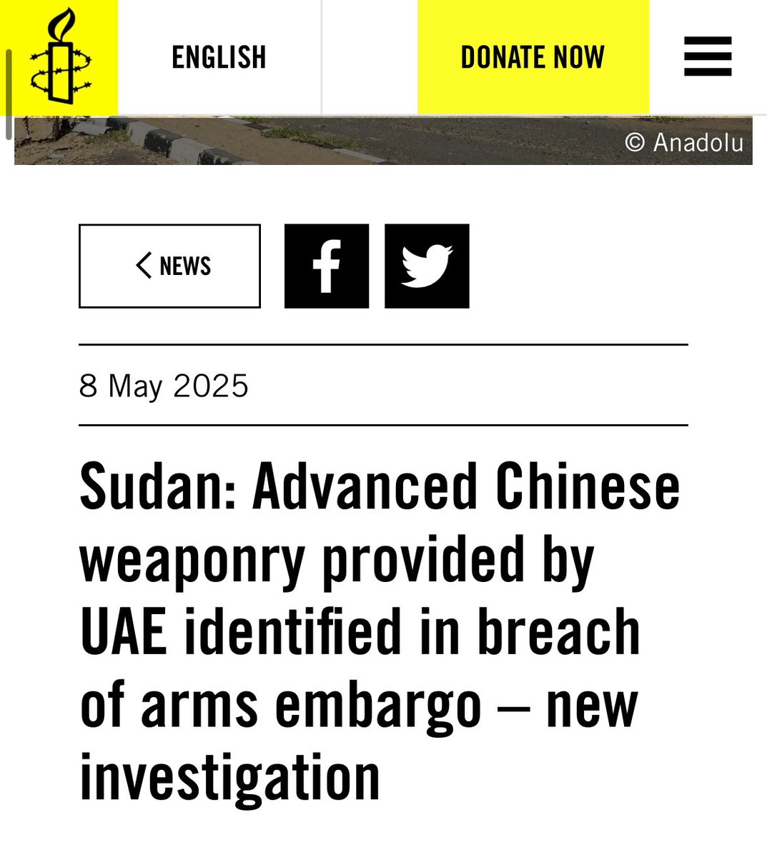 💢 تحقيق رسمي صادر عن منظمة #العفو_الدولية يؤكد تورّط #الإمارات في انتهاك حظر السلاح المفروض على #السودان، بعد إعادة تصدير أسلحة صينية متطورة بينها طائرات بدون طيار وعربات مدرعة وذخائر دقيقة، وصلت إلى ميليشيا #الدعم_السريع واستخدمت في تنفيذ هجمات ضد المدنيين في #الفاشر_تباد 🇸🇩