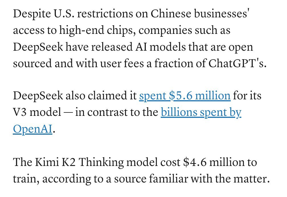Kimi-K2 ranks No. 2 on <a href="/ArtificialAnlys/">Artificial Analysis</a> - used $4.6m to train, open sourced, free for public, super affordable APIs. 

No 1 has been hyping AGI, raising tens of billions, pivoting to porn, now asking for a taxpayer bailout. 

Watch their deeds, not words.