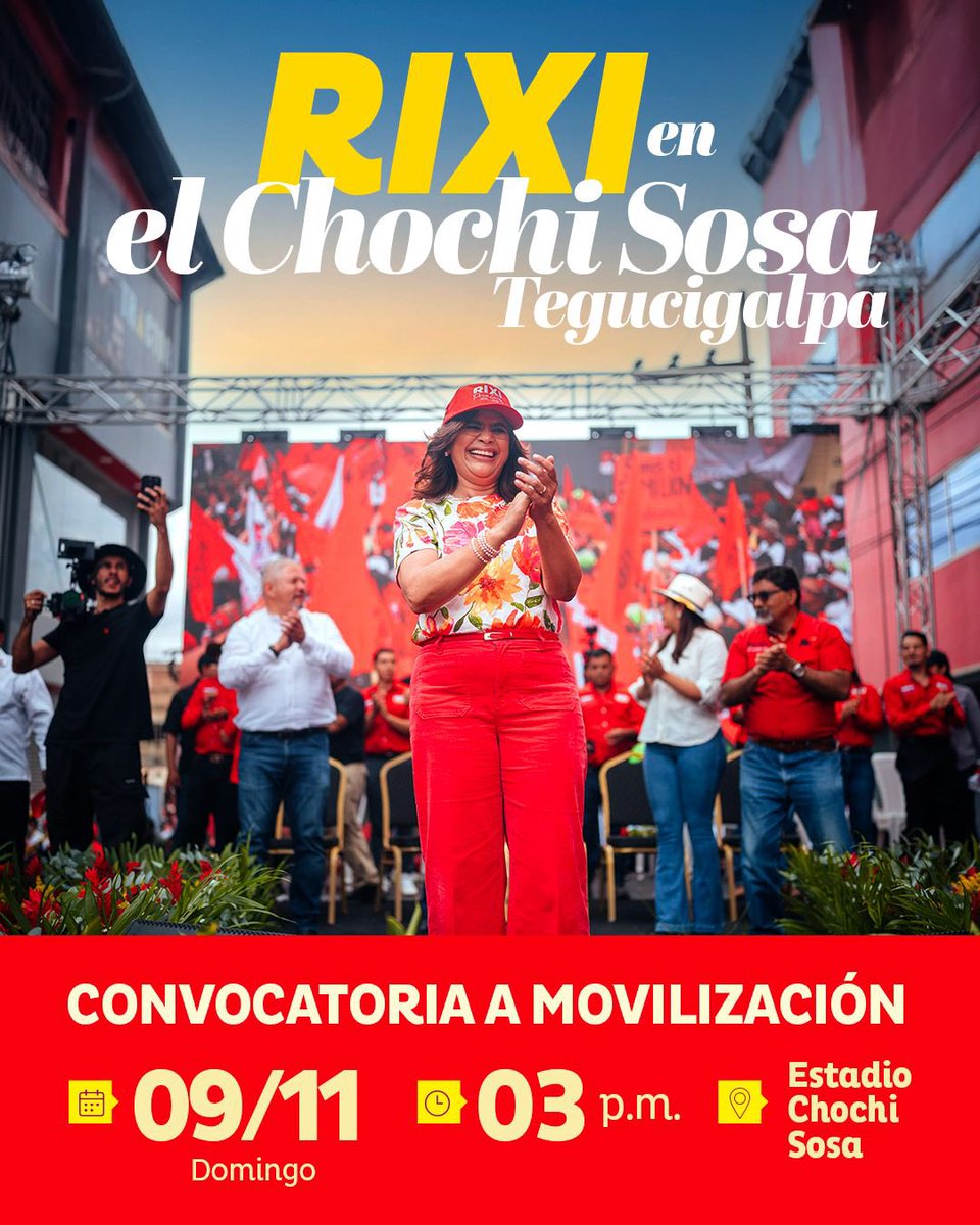 Rixi Moncada este domingo en el Chochi Sosa, Villa Olímpica, Tegucigalpa. El Partido Libre se moviliza este
domingo en apoyo a nuestra candidata y próxima presidenta Rixi Moncada, para exigir elecciones limpias y transparentes que respeten  la voluntad popular. Debemos