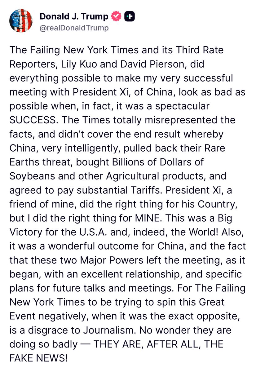 EricLDaugh's tweet photo. 🚨 JUST NOW: President Trump calls out New York Times third-rate reporters BY NAME for trying to negatively spin his meeting with Chinese President Xi 🔥 

“It’s a disgrace to Journalism. No wonder they are doing so badly — THEY ARE, AFTER ALL, THE FAKE NEWS!” https://t.co/mRWwUQdAQw
