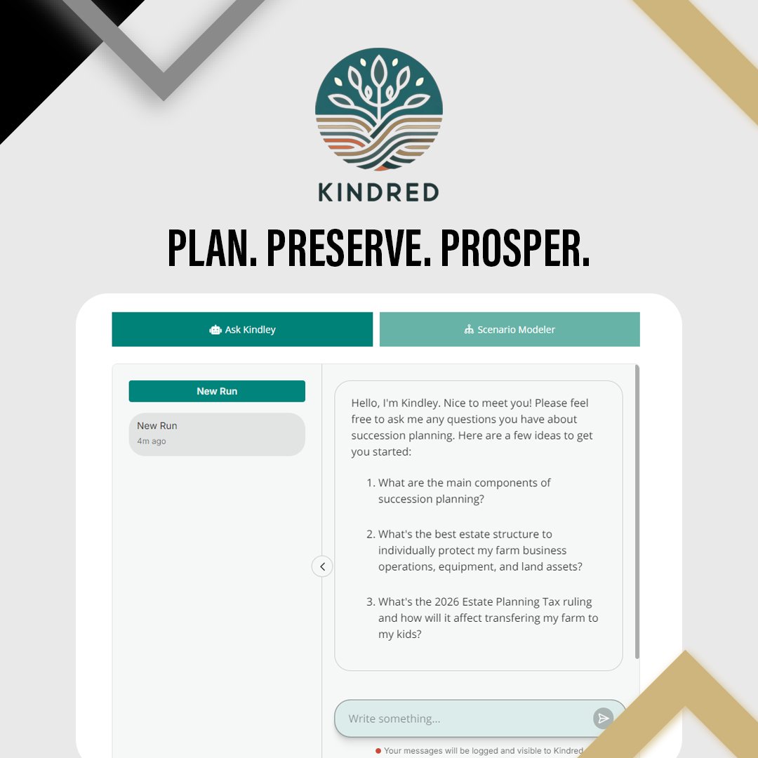 Portfolio spotlight: Kindred is transforming farm succession planning with AI-powered tools for advisors and multi-generational families. Plan. Preserve. Prosper. 

Learn more: kindred.com.