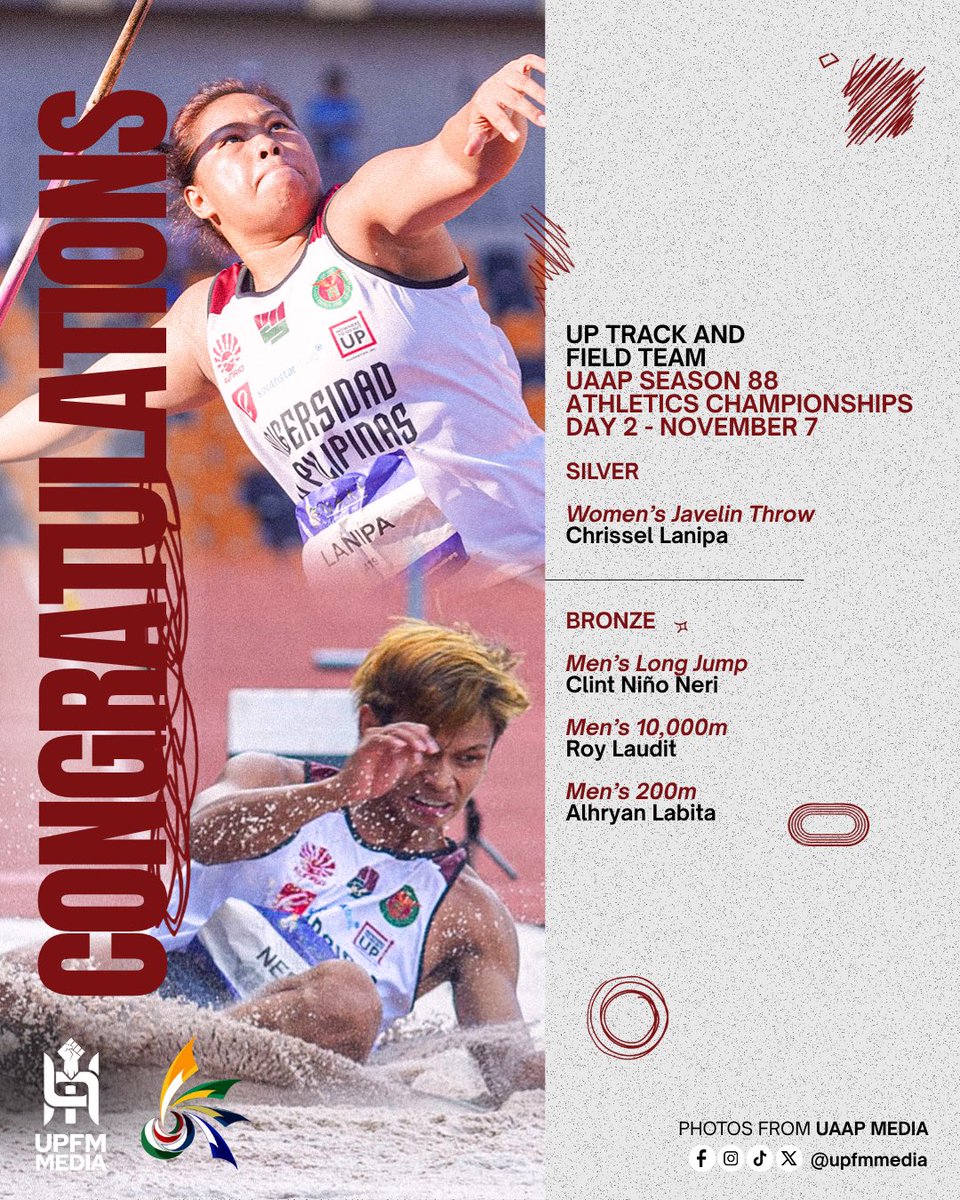 upfmmedia's tweet photo. RELENTLESS RUNNERS 🏃🏻🏃🏻‍♀️

Here are the @UPTFT awardees for the 2nd day of the #UAAPSeason88 Athletics Tournament 🥈🥉 Congratulations and keep going, team! 💚❤️

#UPFight✊🏼 #StrongerWithAllSports💪🏼 #UPTFT https://t.co/KX6aU059nS