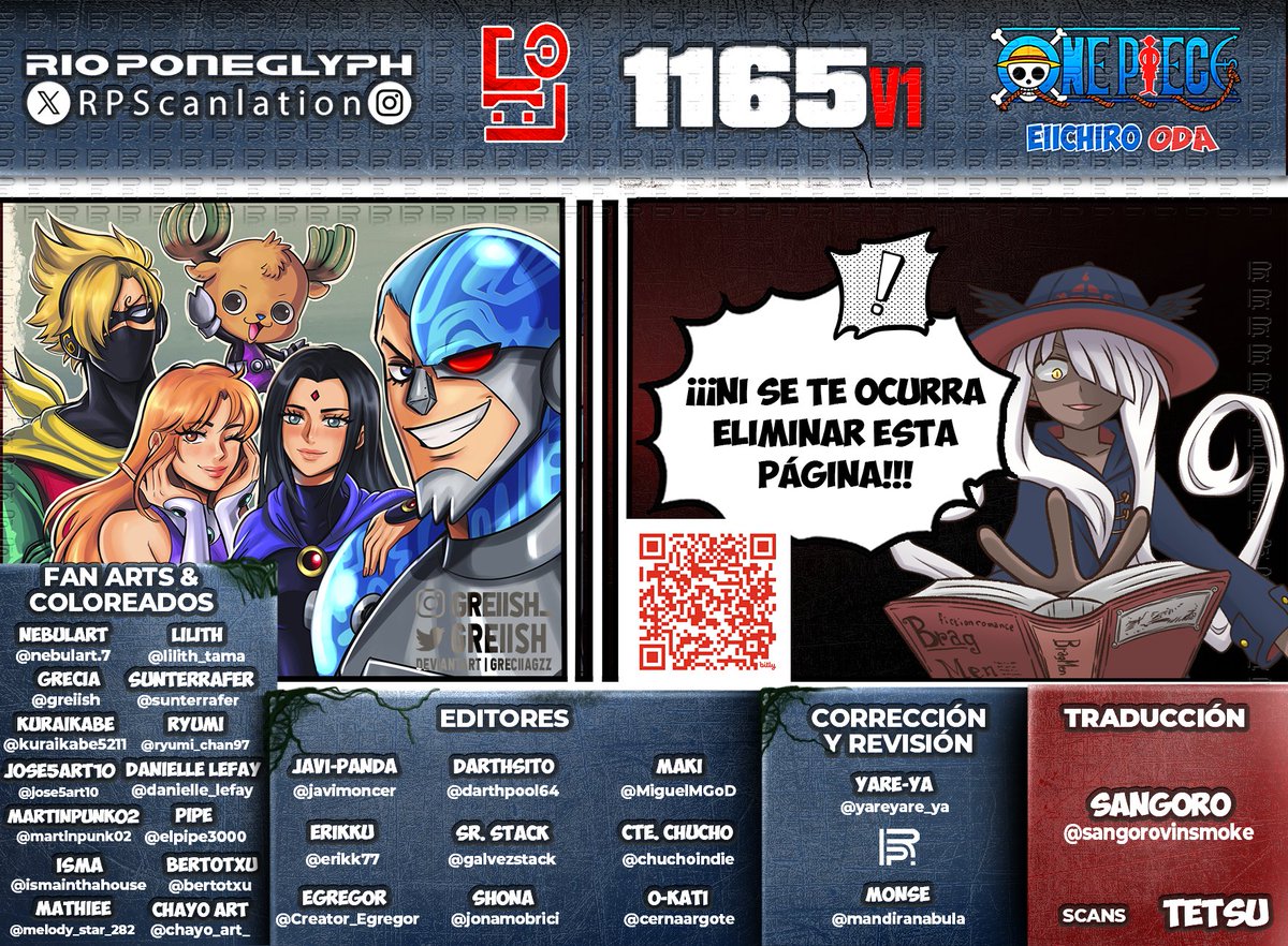 Ya está aquí nuestra primera versión de #OnePiece1165, que la disfruten!! Recuerden que el finde sale la versión final con datos extra y glosario!
#OnePiece #RioPoneglyphScans 
Opción 1:  bit.ly/OP-1165v1-RPS-1
Opción 2: bit.ly/OP-1165v1-RPS-2
Descarga: bit.ly/descargas-rps-m