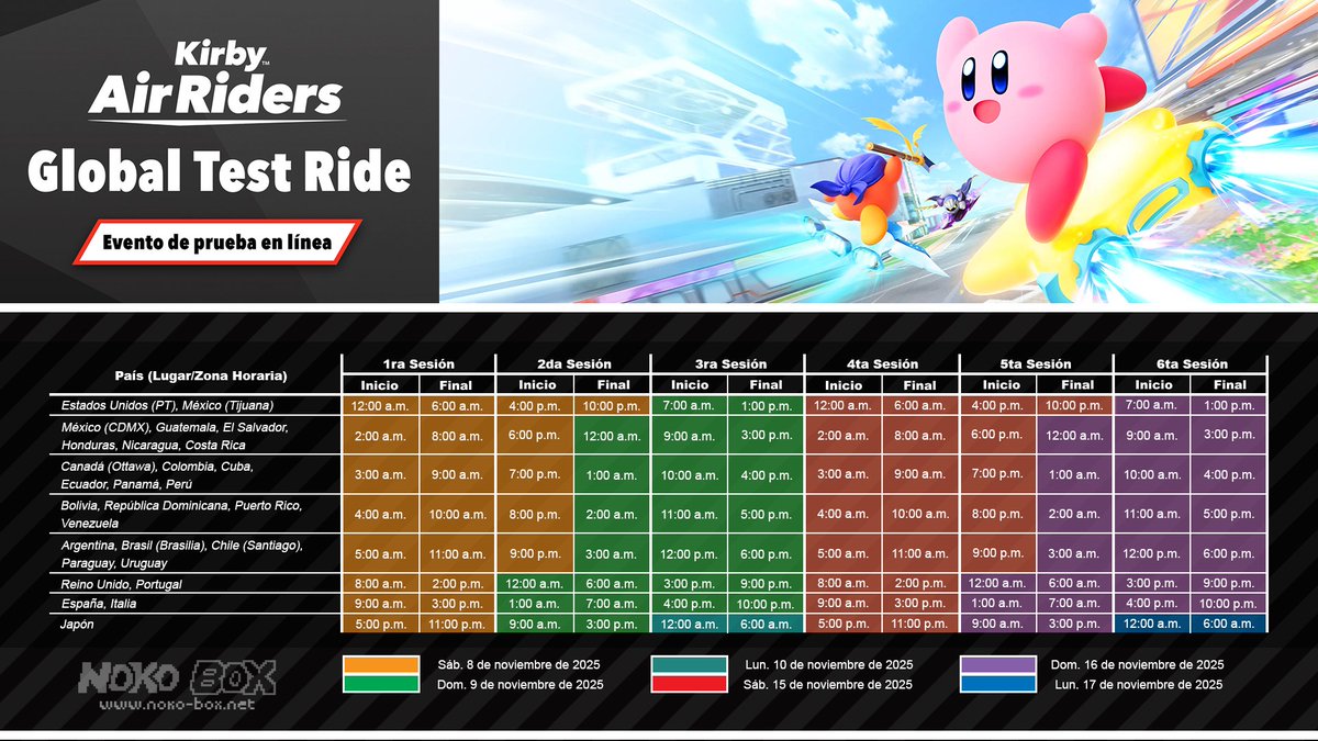 DiskuNB's tweet image. He realizado un afiche con los horarios de las seis sesiones de juego de la &quot;Global Test Ride&quot; de Kirby Air Riders, para determinados países y lugares.