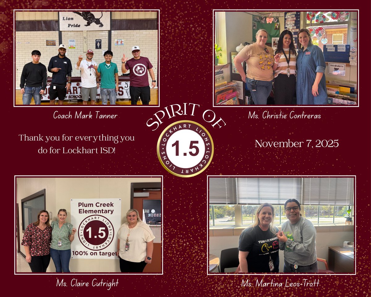 LockhartISD's tweet image. Celebrating Martina Leos-Trott, Claire Cutright, Christie Contreras, &amp;amp; Mark Tanner for embodying the Spirit of 1.5! 🦁
Thank you for being #LockedOnExcellence, helping #UnlockPotential &amp;amp; leading with a #LockHeartForPeople!
Learn more: secure.smore.com/n/npvc8