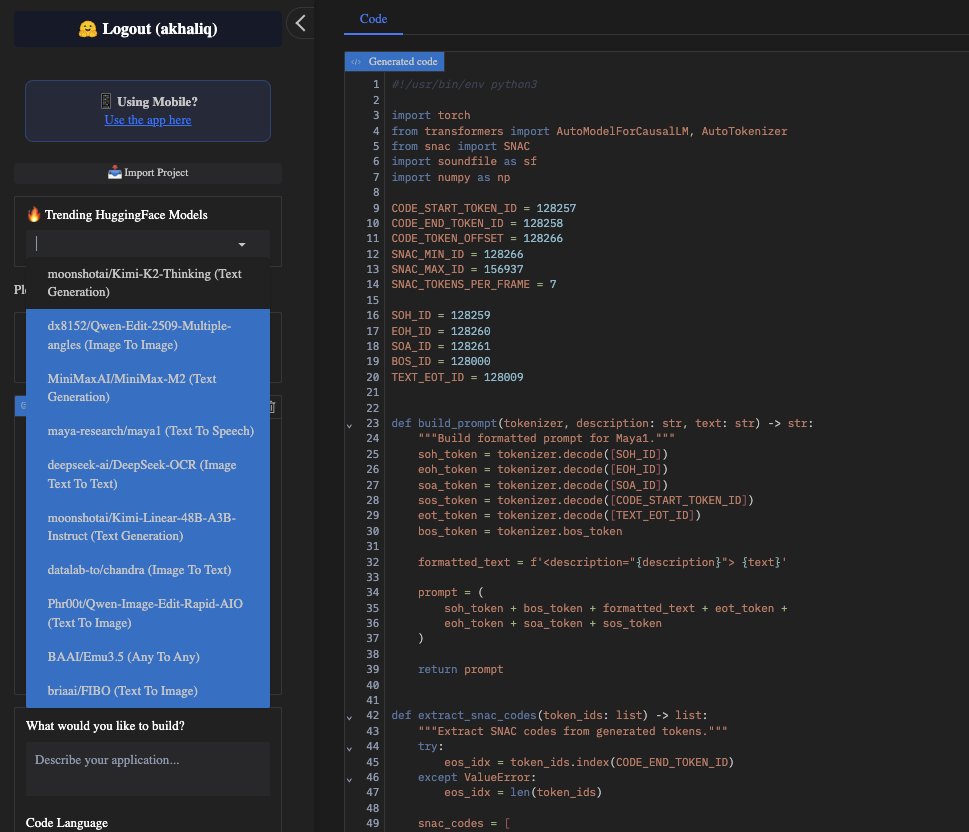 Hugging Face热门模型在anycoder中展示，可加载代码进行vibe coding