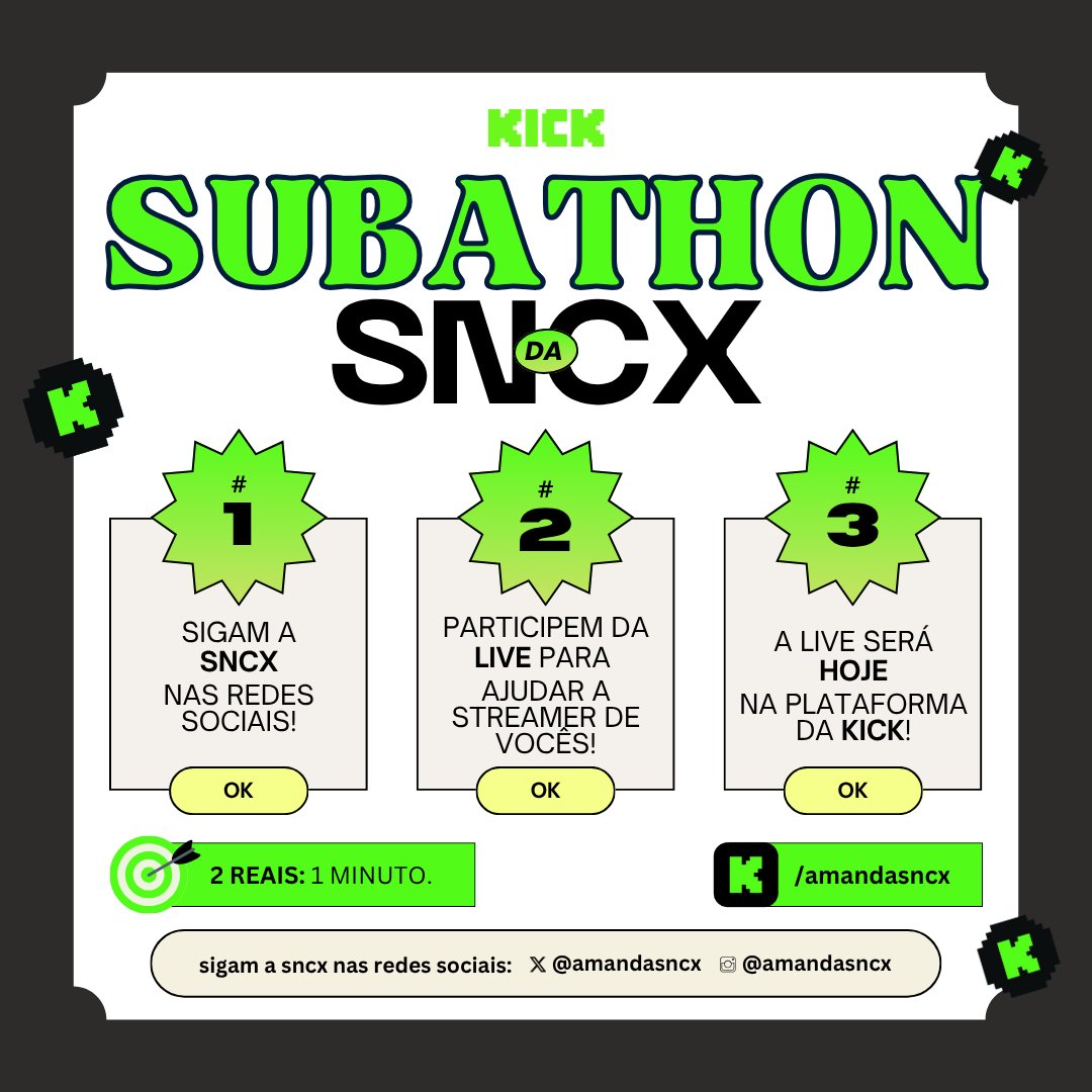 amandasncx's tweet photo. TAMO ON NA KICK
e de quebra em SUBATHON também!!!!!
colaaa https://t.co/f2lwAYkDT0 https://t.co/AGgobkkgEf