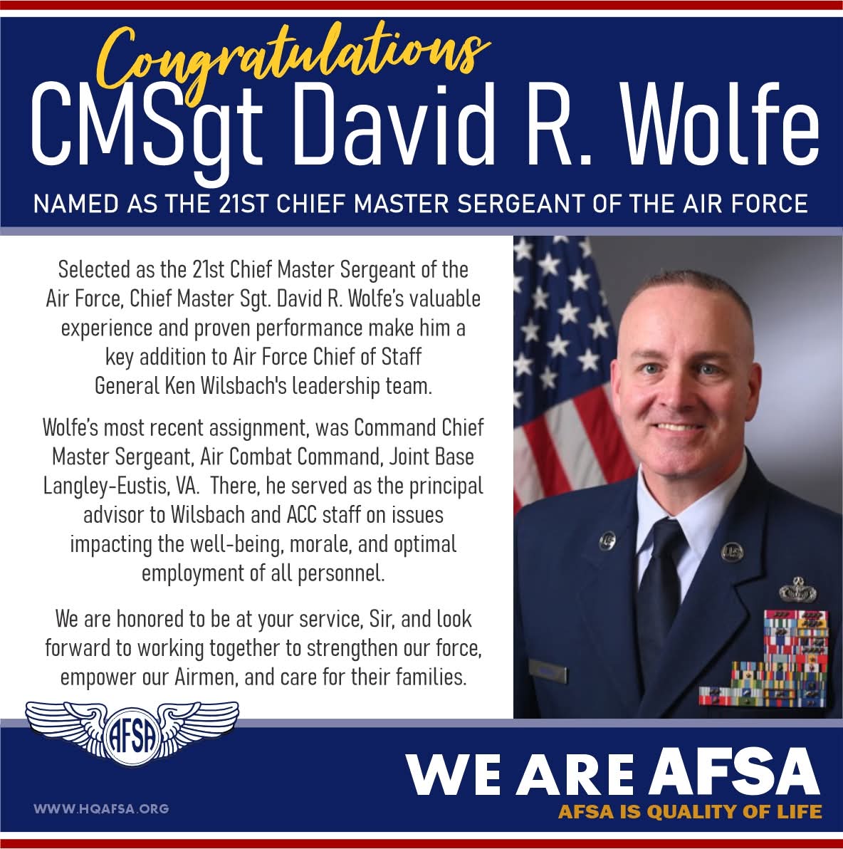 1473Afsa's tweet photo. Want to give a huge CONGRATS to Chief David R. Wolfe on being selected as the 21st CMSAF!

He has always been instrumental in supporting our Enlisted force.

ALSO... He is a Lifetime Trustee of our chapter here at JBER and still involved locally.

Congrats Chief! See you soon! https://t.co/3kUQPtNYXS