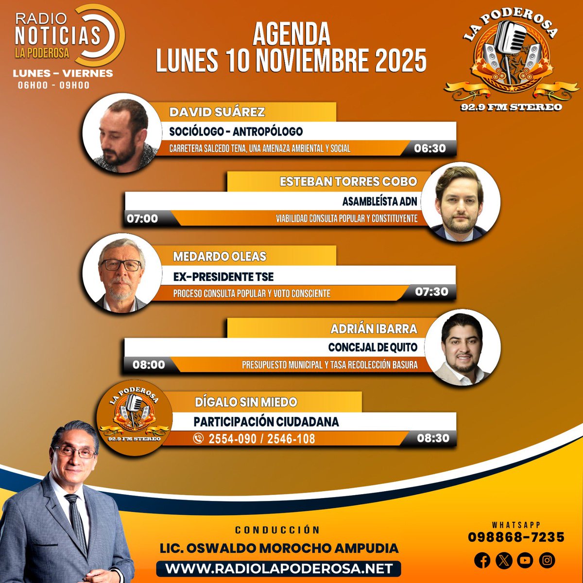 Agenda del Día
📅 Lunes 10 de Noviembre 2025
📻 92.9 FM ¡Sintonízanos en vivo!
🎥 Facebook Live
#RadioNoticias | #Noticiero | #Entrevistas 
<a href="/GaloWEnriquez1/">Galo W. Enriquez E.Mag.</a>