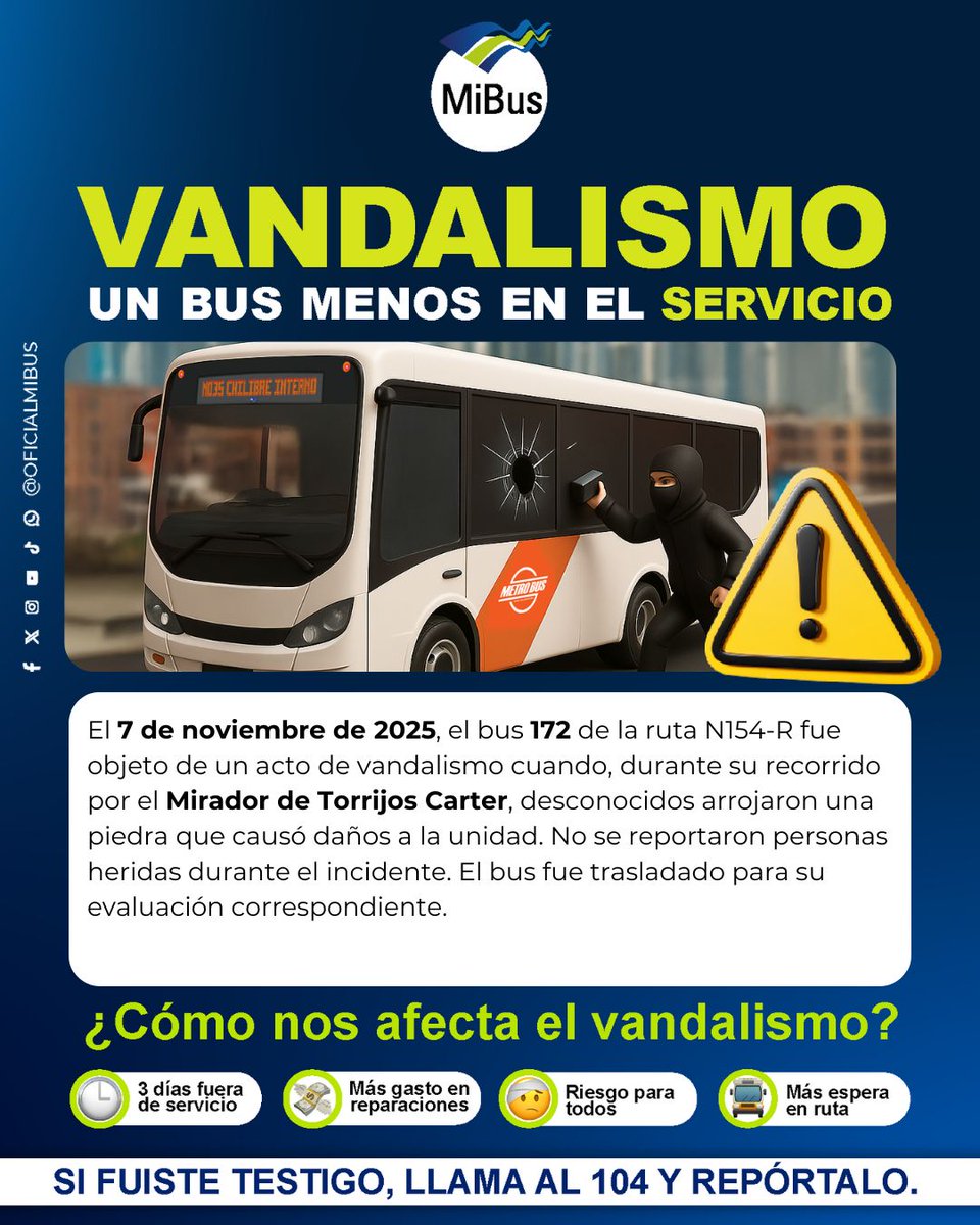 #Alerta #NuevoVandalismo #UnBusMenos 
Este tipo de actos vandálicos ponen en riesgo la vida de nuestros usuarios y del conductor. 
Cada vandalismo significa otro bus fuera de circulación🚫#CuidaTuBus <a href="/casafa47/">CarlosSanchezFabrega</a>