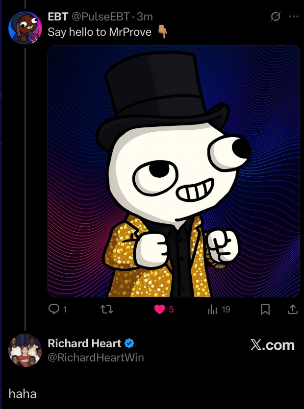 imshillgates's tweet photo. The new $Mrprove connected to Richard Heart's reply has just bonded from Pumptires. 

Will this become the new official $Mrprove ticker now? 

0xE90C46EC4c362011094c4fcA3F034BAebFD72795 https://t.co/bzUyhn8swa