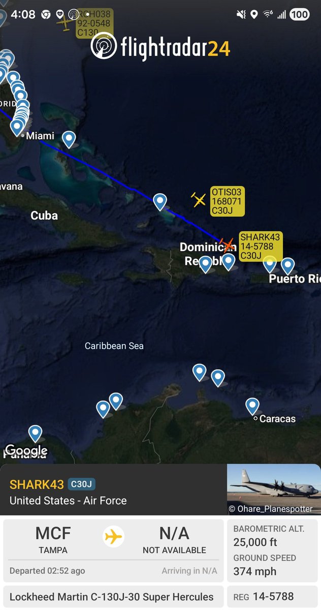 Borrowed7Time's tweet photo. US C-130 movement to Puerto Rico:
USAF C-130J 14-5788 #AE595C SHARK43 out of MacDill AFB
USMC KC-130J 168071 #AE2F9D OTIS03 out of MCAS Cherry Point
@sipjack1776 @FlconEYES @LadyAstroJet https://t.co/q9QUoKCqGC