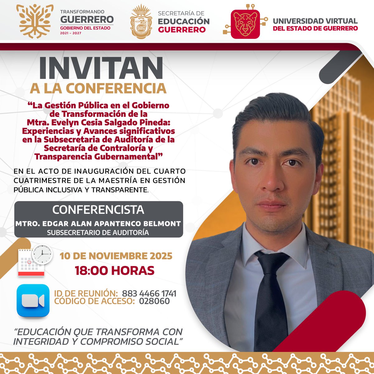 Dando continuidad a la Especialidad y como parte del acto de inauguración del cuarto cuatrimestre de la Maestría en Gestión Pública Inclusiva y Transparente, les invitamos a participar en la conferencia.