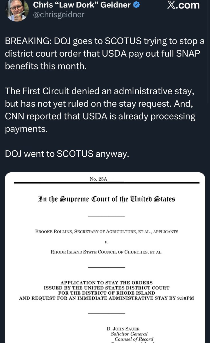 unusual_whales's tweet photo. BREAKING: The US DOJ has gone to the Supreme Court (SCOTUS) trying to stop a district court order that USDA pay out full SNAP benefits this month per Chris Geidner https://t.co/oKiyvaOXFu