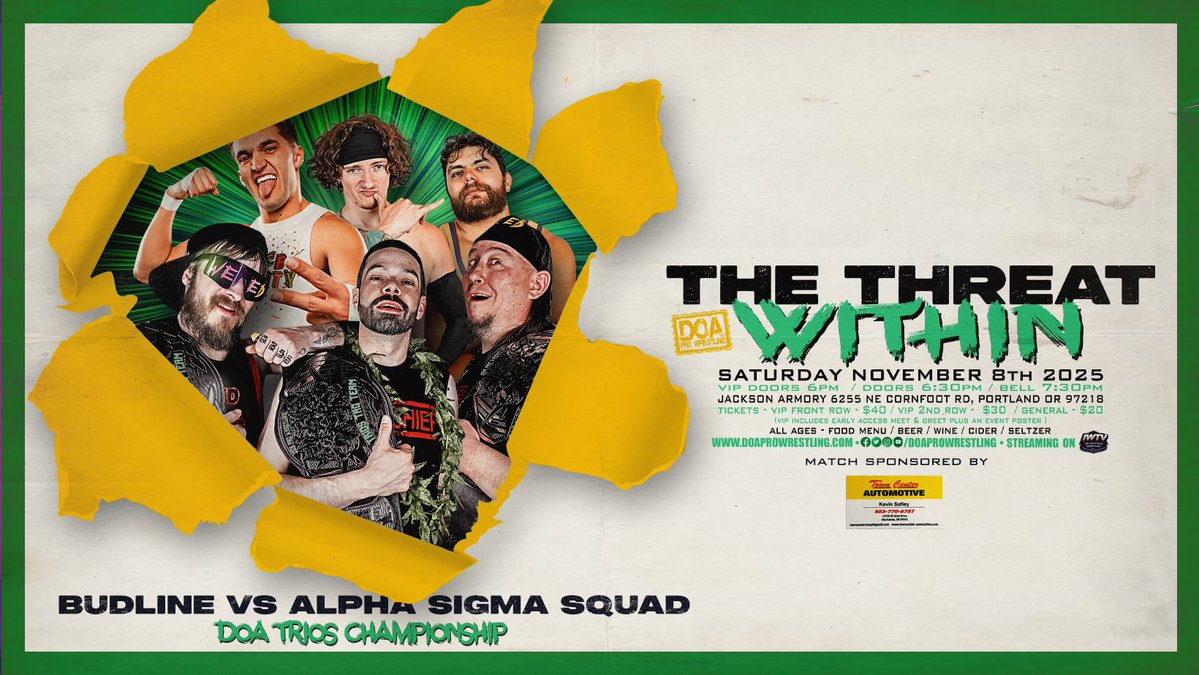Multiple championships are on the line tomorrow night in Portland, including the IWTV World Title for the very first time in a DOA ring!

2nd Row VIP is half gone! Get yours today!

THE THREAT WITHIN
🗓️Saturday, November 8th
📍Jackson Armory
📺 IWTV

🎟️doaprowrestling.com