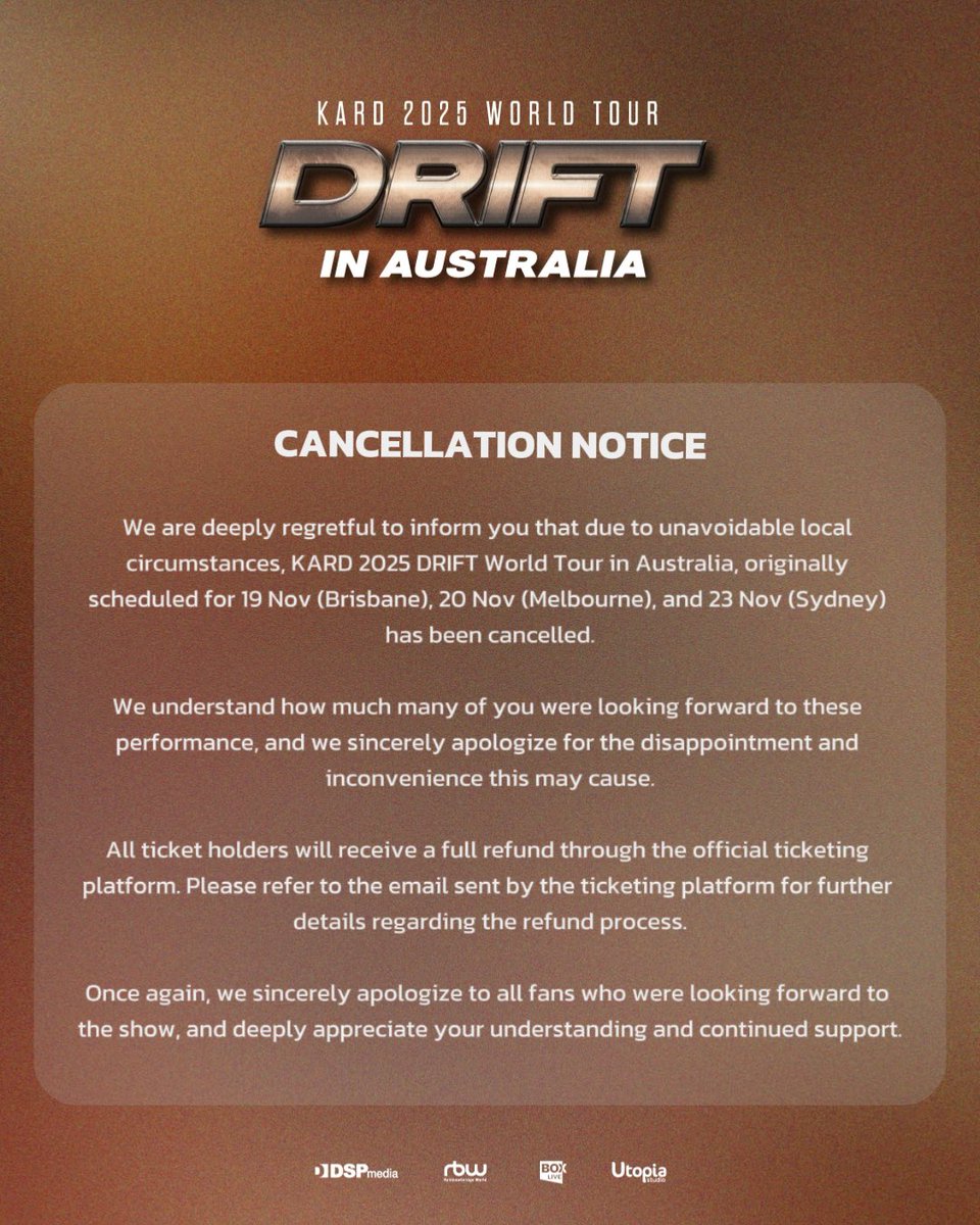 [Cancel Announcement]
We are deeply regretful to inform you that due to unavoidable local circumstances, KARD 2025 DRIFT World Tour in Australia has been cancelled.
 
#KARD #카드 #KARDWorldTour #KARDDRIFT #KARDAustralia