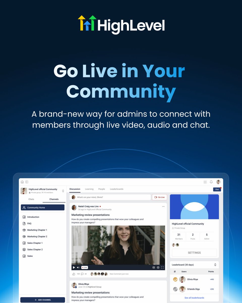 gohighlevel's tweet image. Go live. Go bigger. Go all-in with your community.
This is how you build connection at scale. 💥

Catch all the LevelUp releases in our blog → gohighlevel.com/post/levelup-2…

#HighLevel #CommunityPlatform