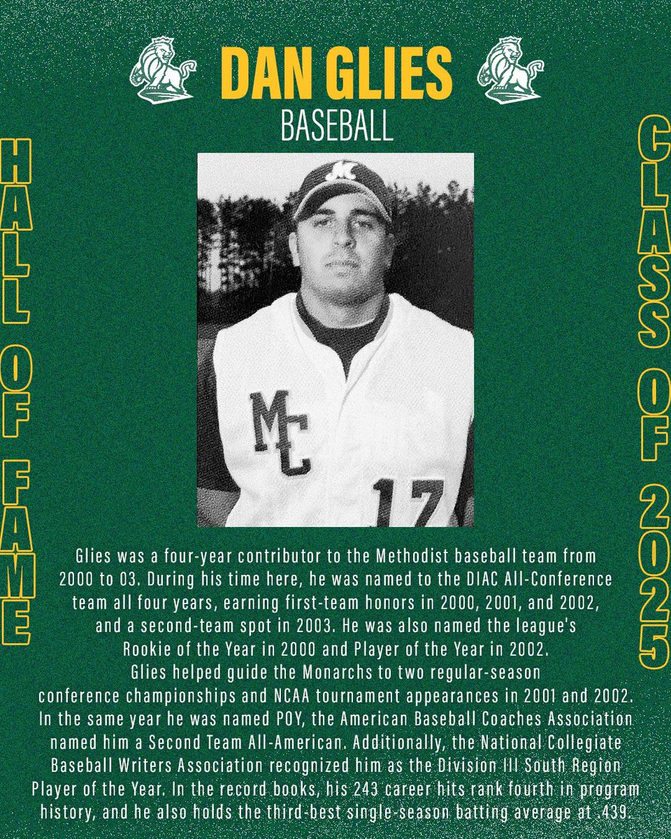 MethodistU_BSB's tweet image. Congrats Dan Glies ‘03 on being inducted into the @mumonarchs Hall of Fame!

He is the 13th #MethodistBaseball 🦁⚾️  player to be inducted into the Methodist Athletics Hall of Fame!