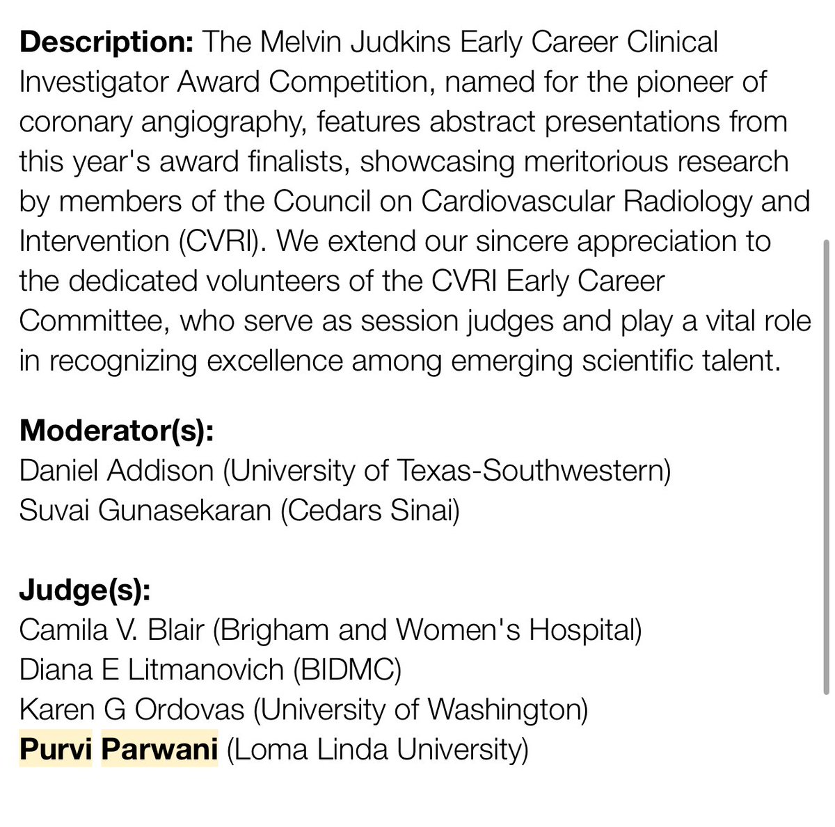 purviparwani's tweet image. Honored to serve as a judge at the Melvin Judkins Early Career Clinical Investigator Award Competition at #AHA25!

Join us as the exceptional early career investigators present innovative research shaping the future of #Cardiology and #CVImaging.

🗓️ Sat, Nov 8 | 9:45–11:00 AM…