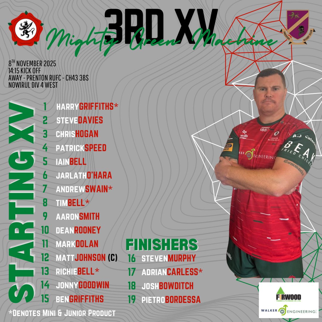 Team Sheets - Saturday 8th November 

Club Sponsor - <a href="/FirwoodTimber/">FirwoodTimber</a> 🪵 
Senior Men’s Sponsor - <a href="/WalkerEngNWltd/">Walker Engineering</a> ⚙️ 

🔴⚪️🟢 

<a href="/firwood/">Alan Poyser</a>