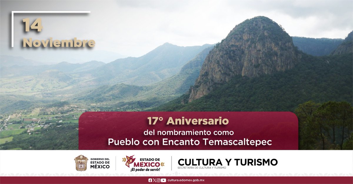 CulturaEdomex's tweet image. ¡#Temascaltepec conmemora su 17 aniversario como #PuebloConEncanto!
Tierra de historia, naturaleza y gente que mantiene viva la esencia de este maravilloso #DestinoHechoAMano del Estado de México. 🌿
¡Gracias por ser parte de esta historia! ⛰️🪂

#ElPoderDeServir