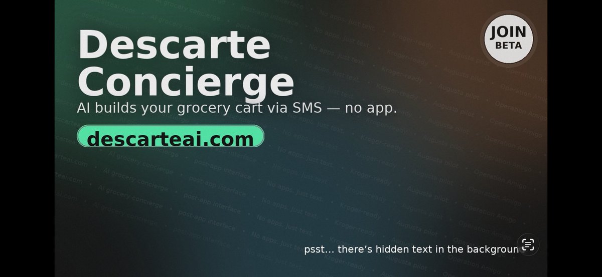 samuelR259's tweet photo. Stop downloading apps for groceries.
Text. Get an AI-built cart. Checkout.
That’s it. https://t.co/846tiwucRO
(Find the hidden text and you’re in the club.) 🚀 https://t.co/aIBhHeIbyY