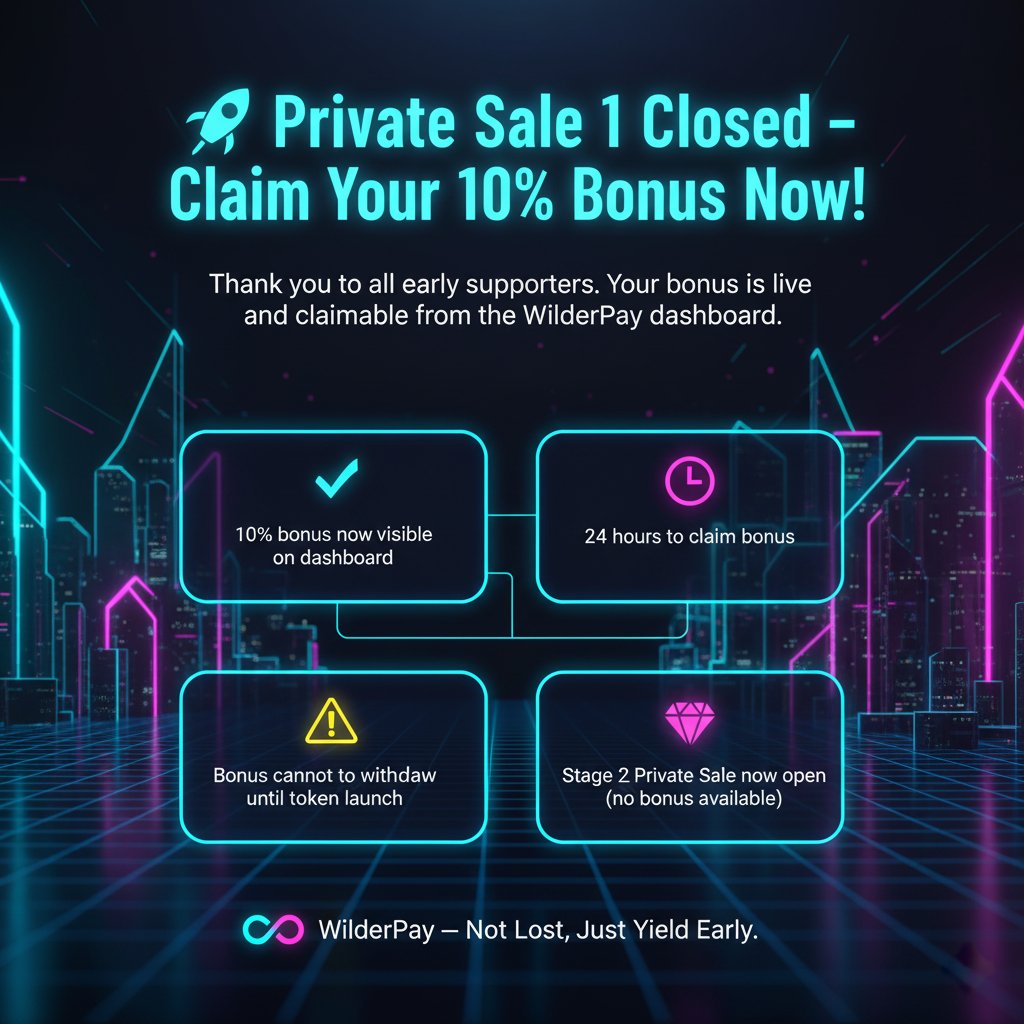 Wilder_Pay's tweet photo. 🚀 Private Sale 1 Closed, Claim Your 10% Bonus Now!

•All Stage 1 buyers can now claim their bonus from the WilderPay Dashboard.
•Bonus claim available for 24 hours only!
•Stage 2 is now OPEN, no bonus this round.

🔗Read More: https://t.co/1P3KWwBDUA
#DeFi #Crypto #WilderPay https://t.co/fqZQfnGKXo