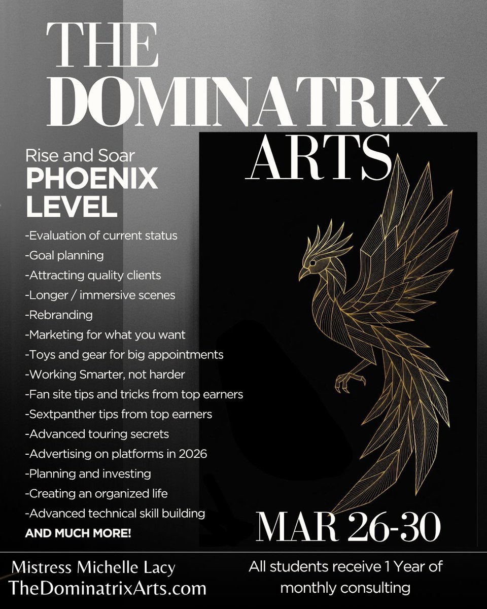 DominatrixArts's tweet image. Mistress Michelle Lacy presents
The PHOENIX LEVEL: Rise and Soar
For intermediate and advanced pros who wish to further their knowledge, become inspired, unstuck, and enlightened. 
TheDominatrixArts.com
With @MissIsobelDevi to co-teach and help with advanced technical skills.