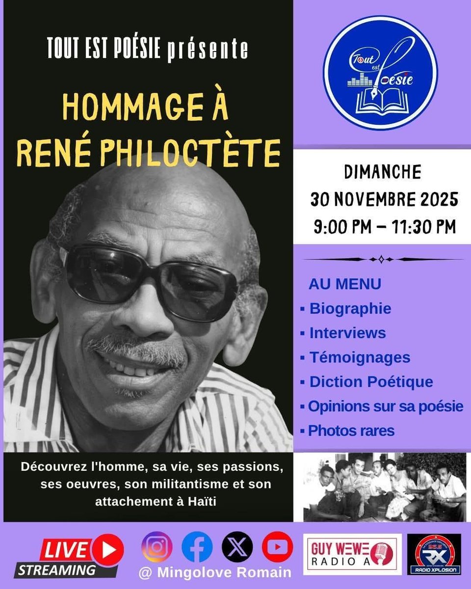 "J'ouvre grande ma fenêtre 
Le soir est invité à la naissance de mon poème"
René Philoctète, Margha (1961)