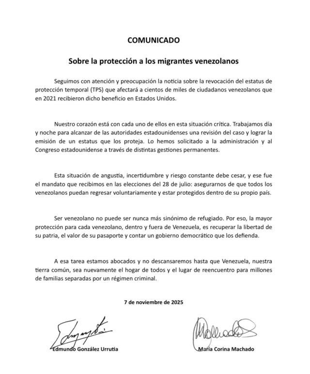 patriciajaniot's tweet photo. En esta carta, el presidente electo, @EdmundoGU y la líder @MariaCorinaYA dejan claro su postura ante el peligro de deportación que enfrentan los venezolanos que perderán la protección temporal que les ofrece el TPS. Nos dejan claro que es un tema del que no se han desentendido. Todo lo contrario, han hecho gestiones ante el Congreso y el gobierno del presidente Donald Trump. Lo que queda de todo esto es el mensaje de fondo: los venezolanos en todo el mundo deben recuperar sus derechos, tener acceso a un pasaporte y decidir sobre su retorno voluntario, ojalá pronto, cuando el gobierno electo tome posesión de su cargo.