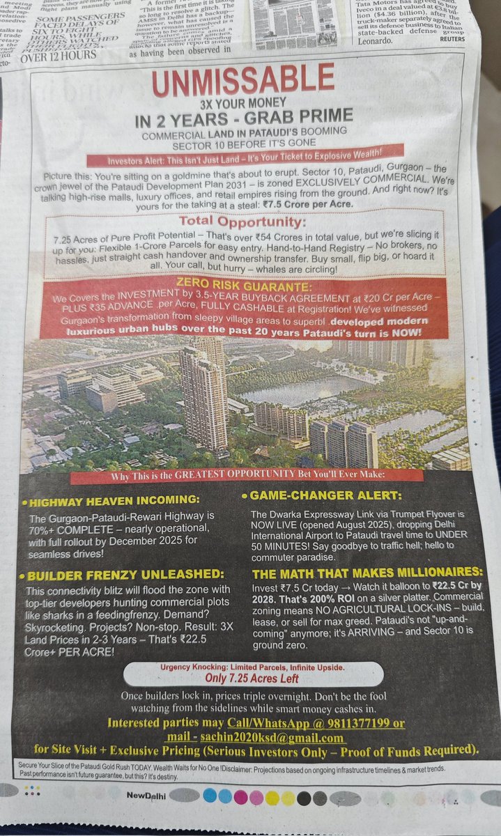 i_a_m_chirag's tweet image. The way people get scammed in real estate is wild 😭

You’ll see a big bold ad screaming “DOUBLE your money in 2 years”  
and people still fall for it.

If it was that easy, builders would be richer than Ambani by now. 🤷‍♂️

#RE #Gurugram #InvestmentScam

HT Dated 08-Nov-25.