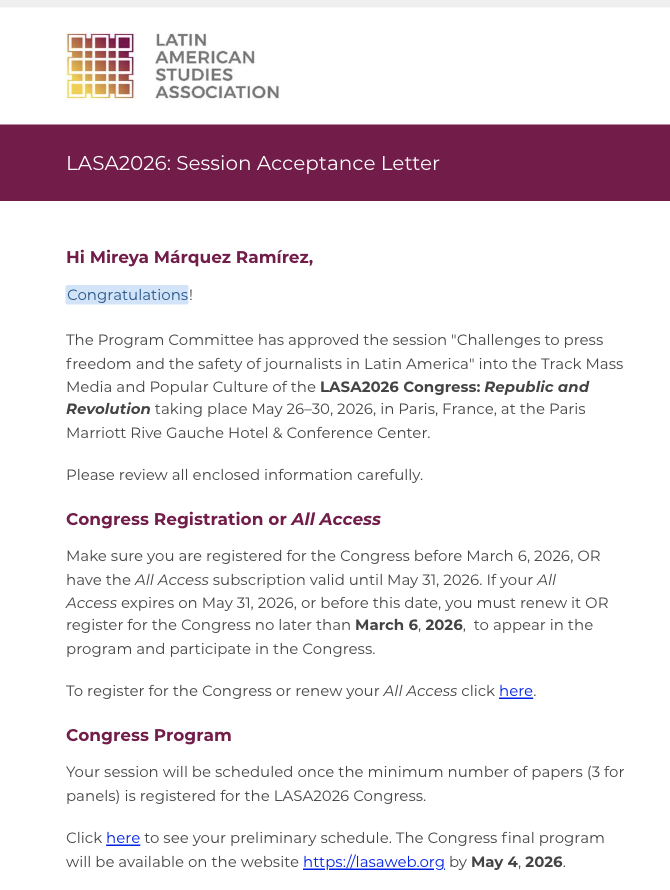 Miremara's tweet photo. En @2026LASA nos aceptaron un panel sobre la seguridad y bienestar de periodistas en LAtAM, como parte de la encuesta #WorldsofJournalism. Por cierto, los resultados generales descriptivos y por país se consultan aquí: https://t.co/7D13OqEV7R
¡Nos vemos en #LASA2026 en París! https://t.co/OkNjkQfNS7