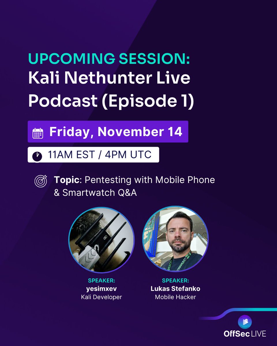 yesimxev's tweet image. I OWE YOU an Evil Twin attack! 😎 Join us on Friday 14 November, 11am ET for the first episode of @kalilinux NetHunter Live Podcast with my very special guest @androidmalware2 aka @LukasStefanko! Hack the planet! 📱⌚📡 @kimocoder @_elwood_ @steevdave @Re4sonKernel @davidbombal