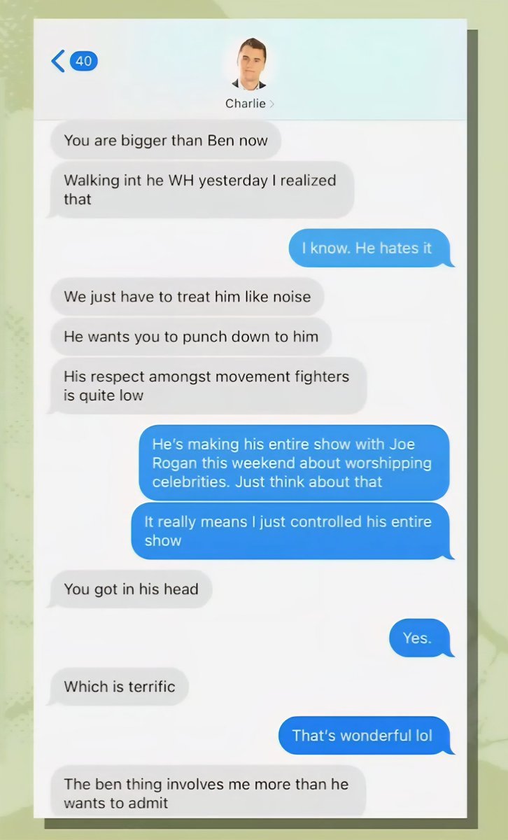 EvanAKilgore's tweet image. HOLY SH*T...

Candace Owens just released texts where Charlie Kirk told her she is &quot;bigger than Ben Shapiro&quot; and that it &quot;pisses him off.&quot;

Charlie then goes on to tell Candace that Ben Shapiro believes Candace is Charlie&apos;s slave and that he wanted to destory them.

Thoughts?