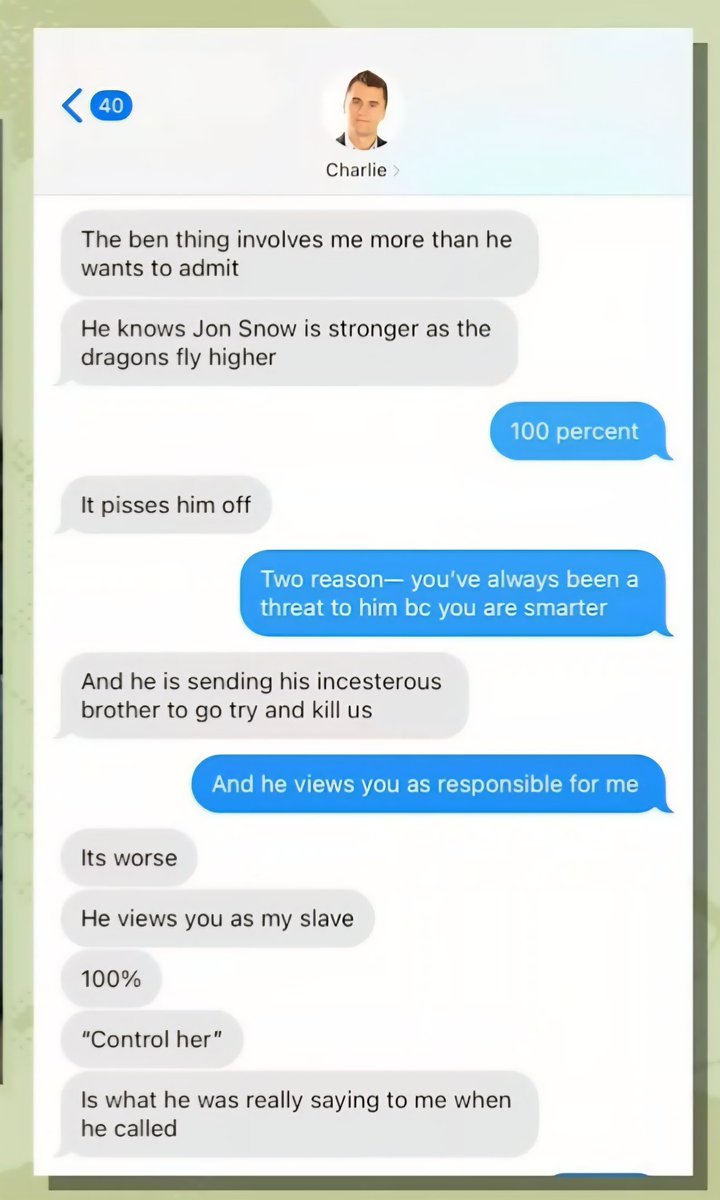 EvanAKilgore's tweet image. HOLY SH*T...

Candace Owens just released texts where Charlie Kirk told her she is &quot;bigger than Ben Shapiro&quot; and that it &quot;pisses him off.&quot;

Charlie then goes on to tell Candace that Ben Shapiro believes Candace is Charlie&apos;s slave and that he wanted to destory them.

Thoughts?