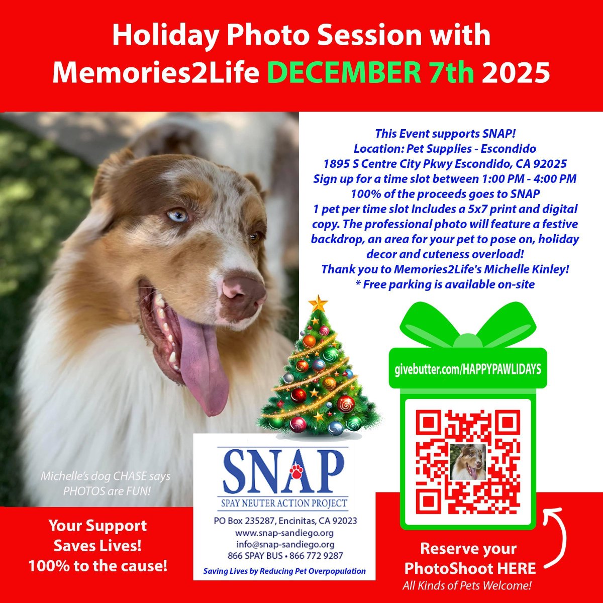 SNAPspayneuter's tweet image. 🎄📸 Holiday Photo Session with Memories2Life – December 7, 2025! 🎁

Get your pets ready for their close-up — and support SNAP at the same time! 🐾

👉 Reserve your photo session here: givebutter.com/HAPPYPAWLIDAYS 
#SNAPSanDiego
#Memories2Life
#HappyPawlidays
#HolidayPhotos