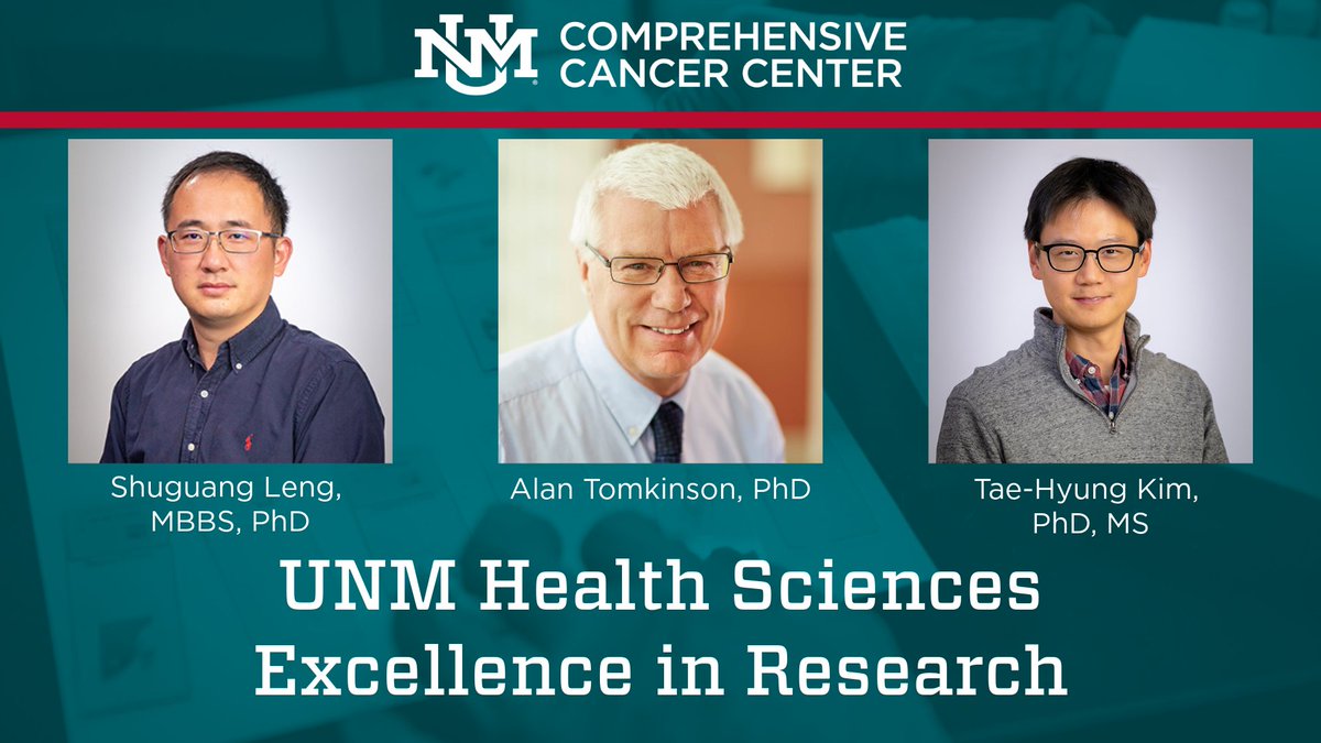 Congratulations to Alan Tomkinson, PhD, Shuguang Leng, MBBS, PhD and Tae-Hyung Kim, PhD, MS, on receiving 2025 UNMHSC Excellence in Research Awards.
Recipients are nominated by their peers.
Read more:
bit.ly/47uwziF