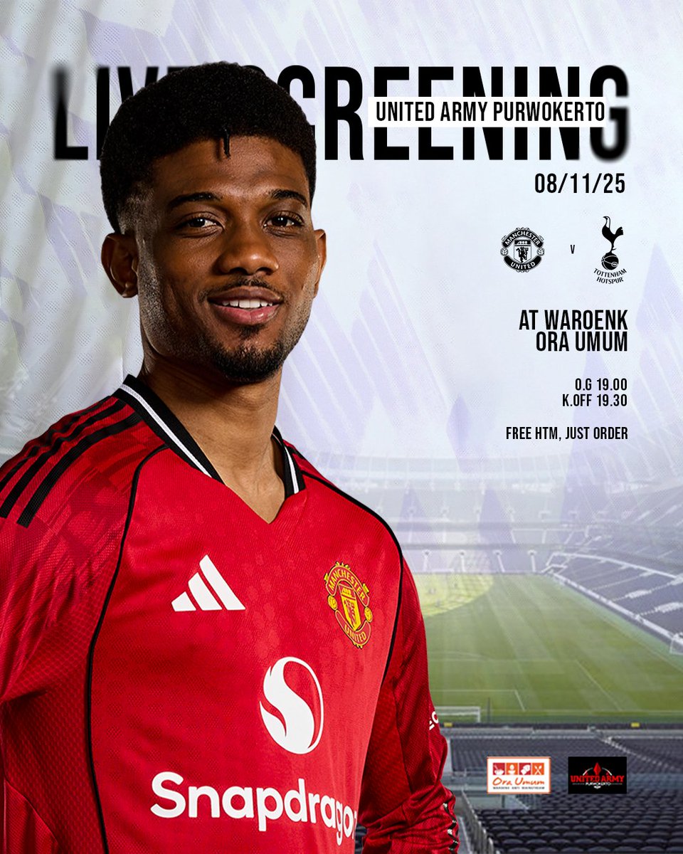 LIVE SCREENING
United Army Purwokerto

Hari ini
Spurs vs Man.United
Open Gate : 19.00 WIB
Kick Off : 19.30 WIB
Venue : <a href="/waroenkoraumum/">waroenk oraumum</a> 
Free htm, just order !
Ramaikan guys !