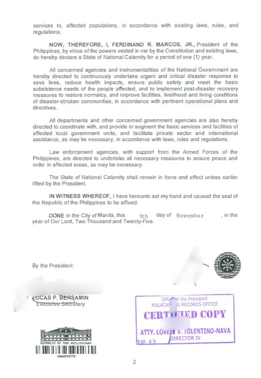 LOOK: Malacañang has issued a proclamation declaring a State of National Calamity following the onslaught of Typhoon Tino.

#TinoPH #IntegratedStateMedia #ISM