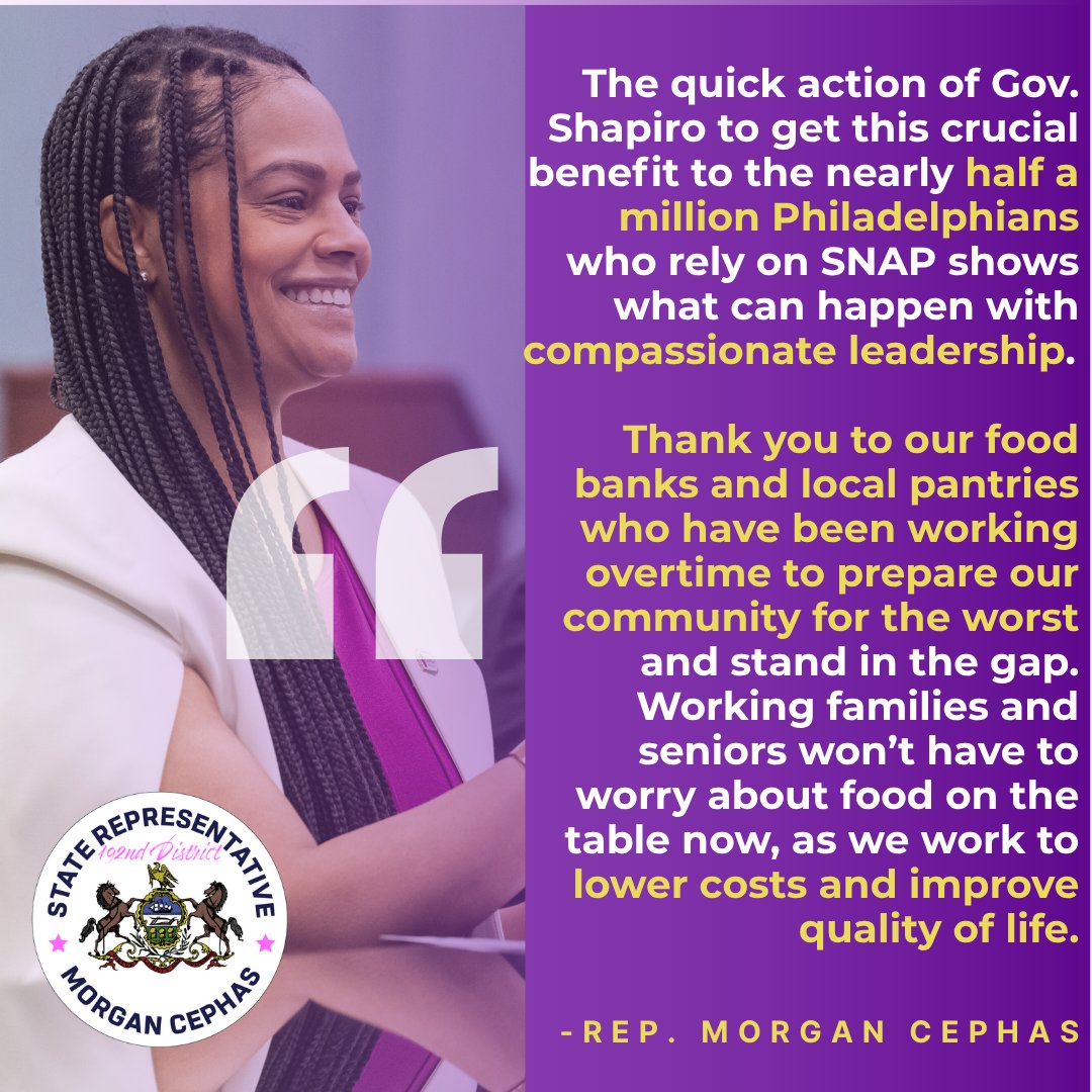 RepCephas's tweet image. Today&apos;s action by @GovernorShapiro is a huge relief for our most vulnerable Philadelphians who rely on SNAP to keep food on the table. This is what compassionate leadership looks like.

pa.gov/governor/newsr…
