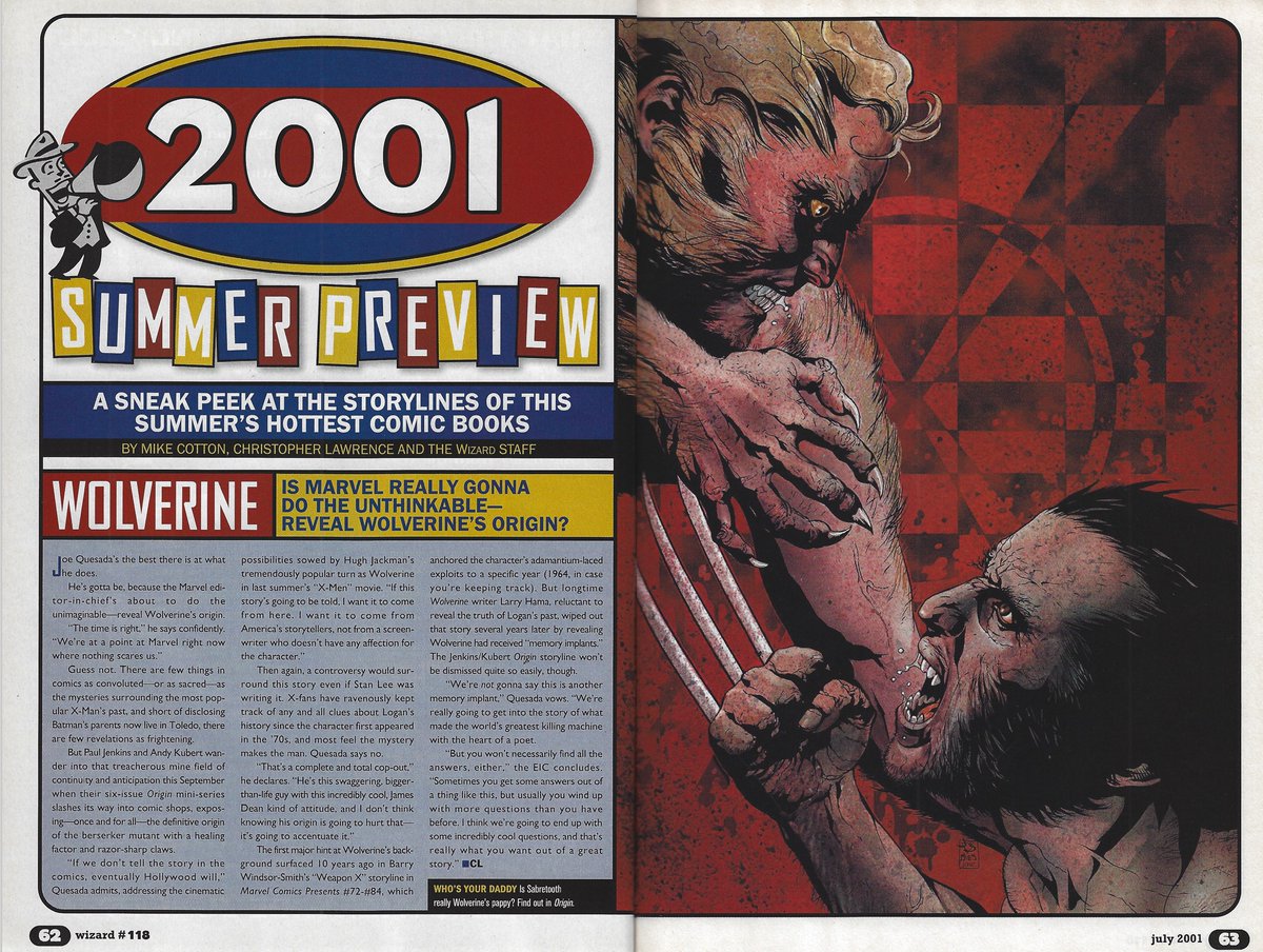 As discussed on the podcast here's the first explanation by <a href="/JoeQuesada/">Joe Quesada</a> about why #marvelcomics was ready to finally reveal the definitive origin of #wolverine in 2001.