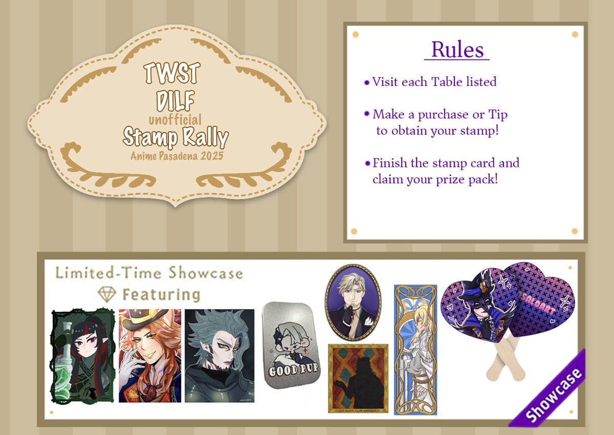 HOT DILFS? HOT DILFS

We're running a Twst DILF Rally at Anime Pasadena! 

Visit the tables
Make a tip or purchase to get a stamp!
Collect all the stamps to get a pack of hot DILFS