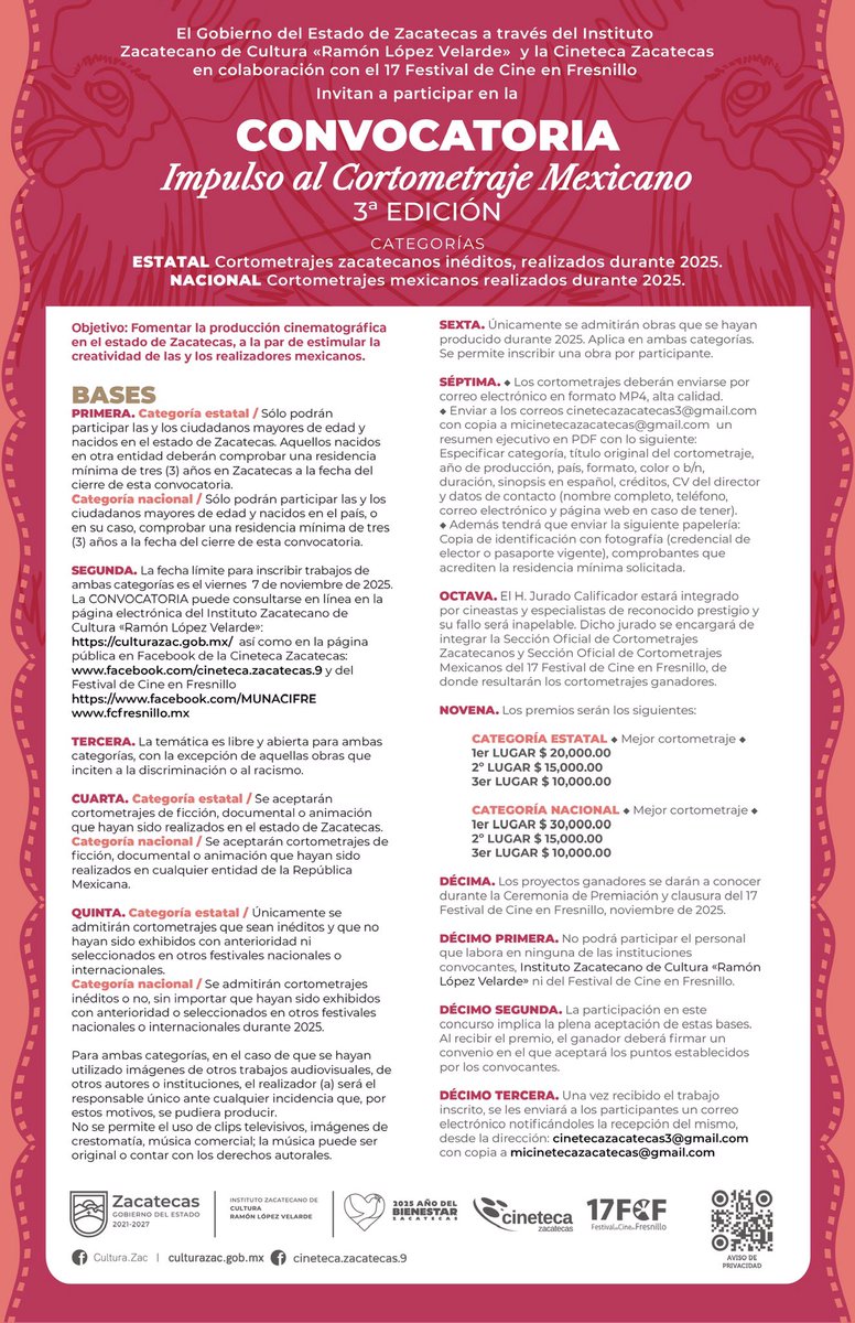 Te recordamos que hoy cierra la convocatoria Impulso al Cortometraje Mexicano 3ª Edición, categorías: estatal y nacional. ¡Participa! 🎬🎬🎬
