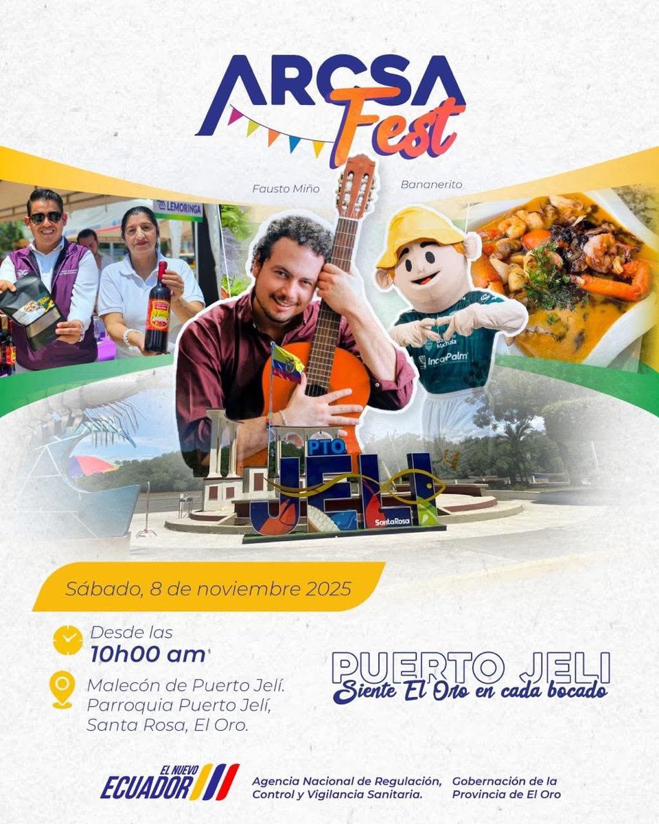 ¡#PuertoJelí se llena de sabor, música y alegría! 🎶🍤

Este sábado vive el ARCSAFest, una jornada para disfrutar de la gastronomía y emprendimientos orenses, y un gran concierto con Fausto Miño y el show del querido Bananerito.

📍 Malecón de #PuertoJelí, #SantaRosa
🕙 10h00 am